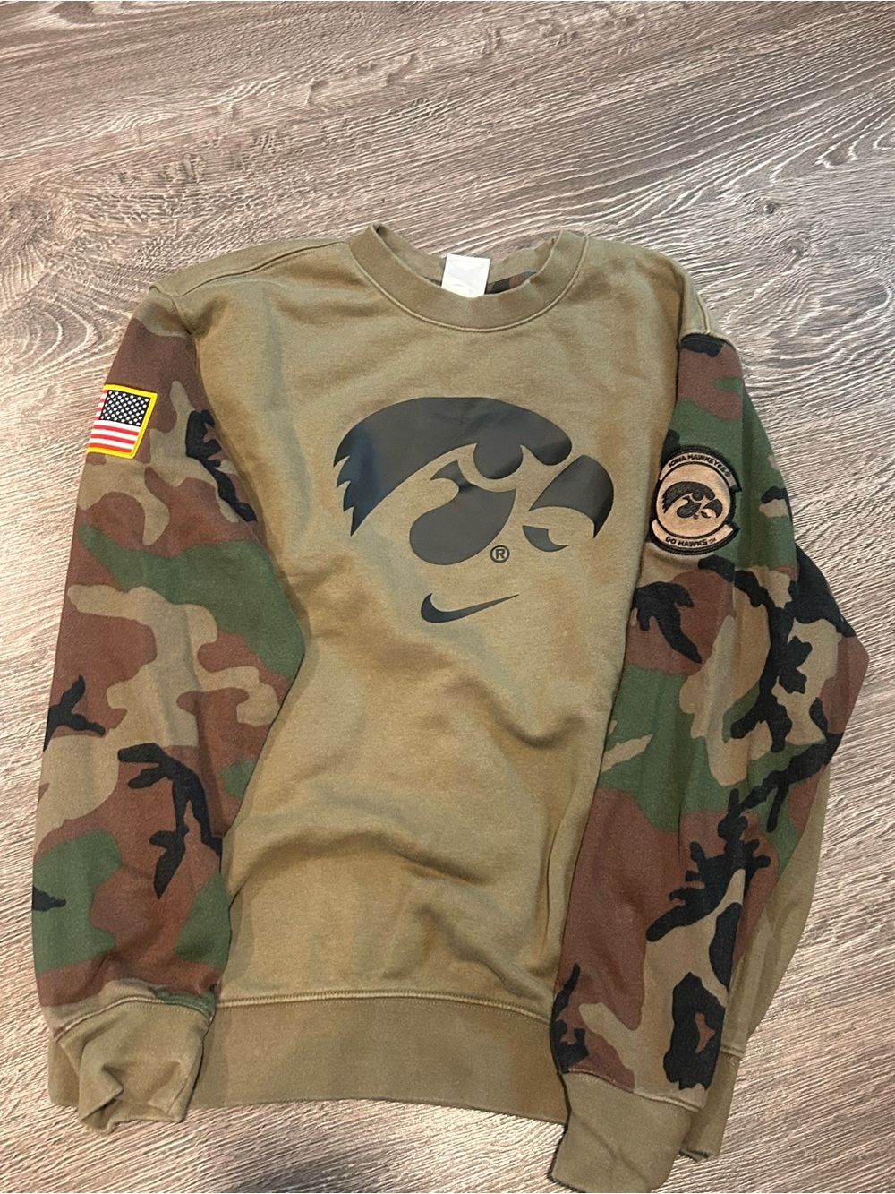 Nike Olive Crewneck with Camo Sleeves and Black Iowa Logo